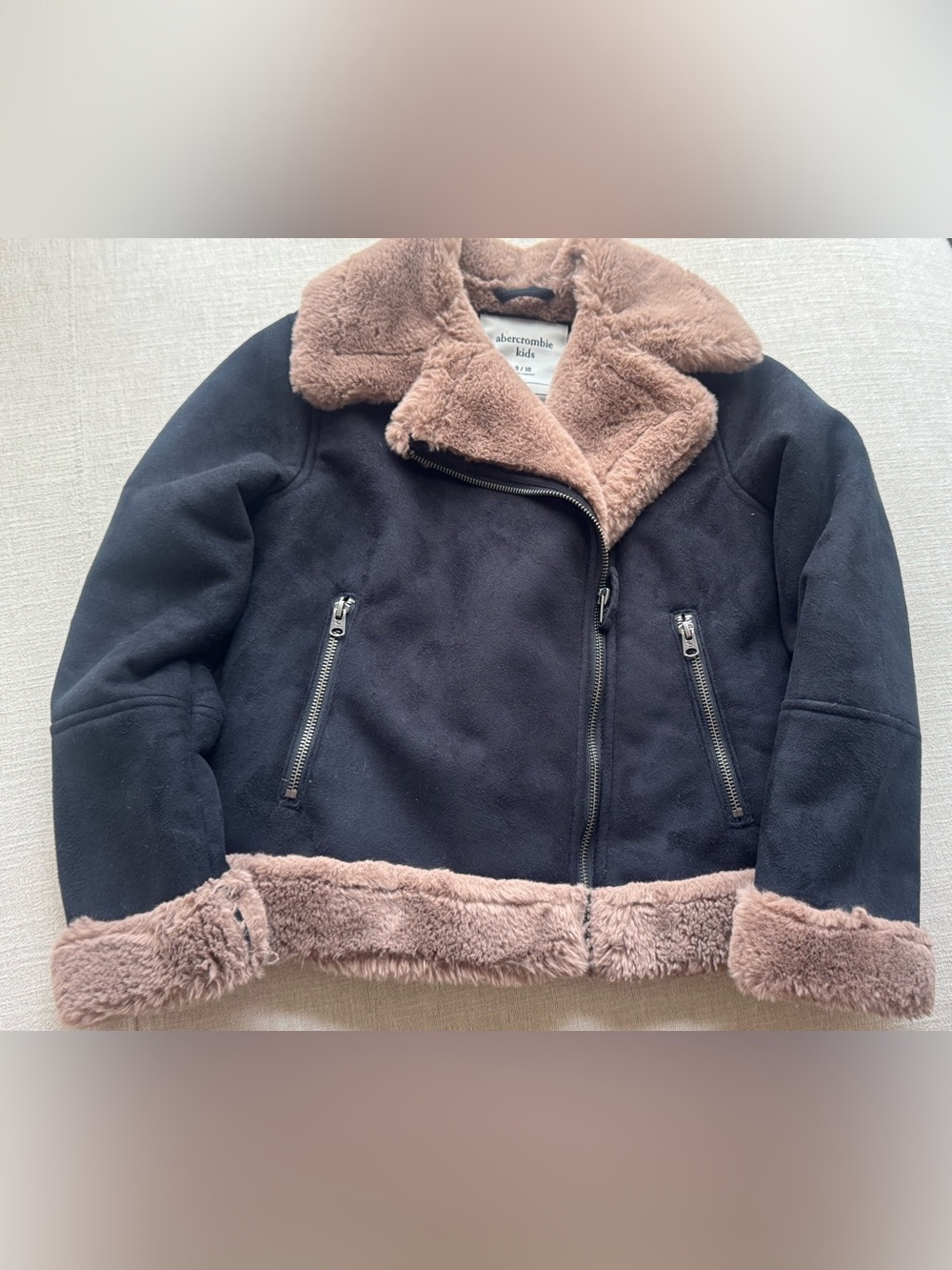 Abercrombie & Fitch Shearling Suede Faux Black Taupe Brown Girls Jacket 9/10